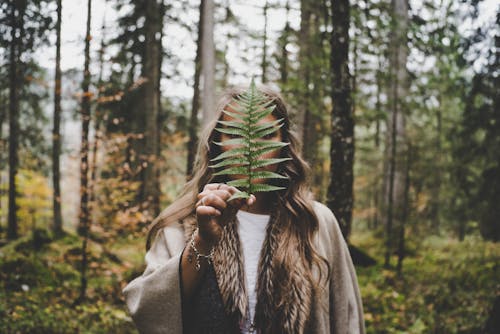 女人站在树林里抱着绿色的植物