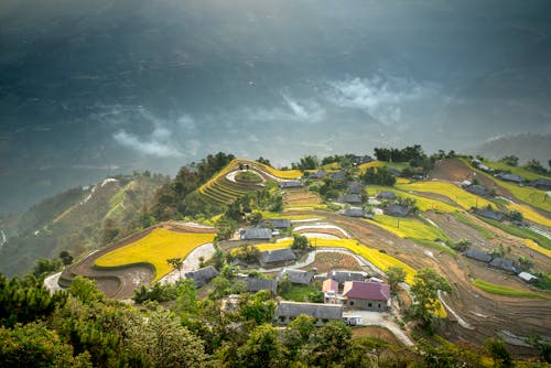 Picturesque scenery of rural area on lush hilltop