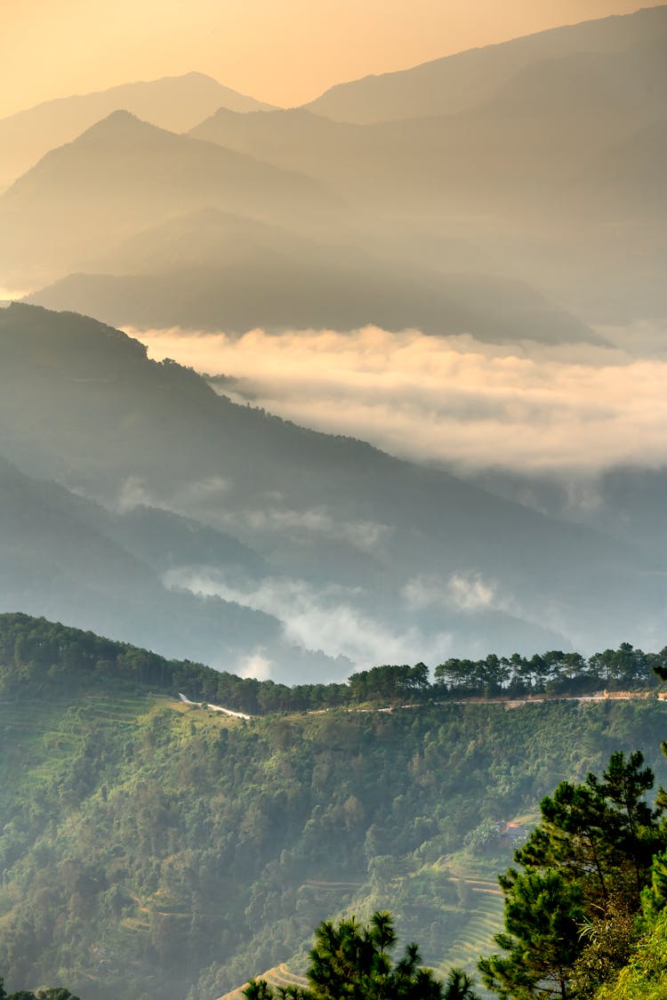 Rural Road Running Along Lush Hilltop In Misty Highlands