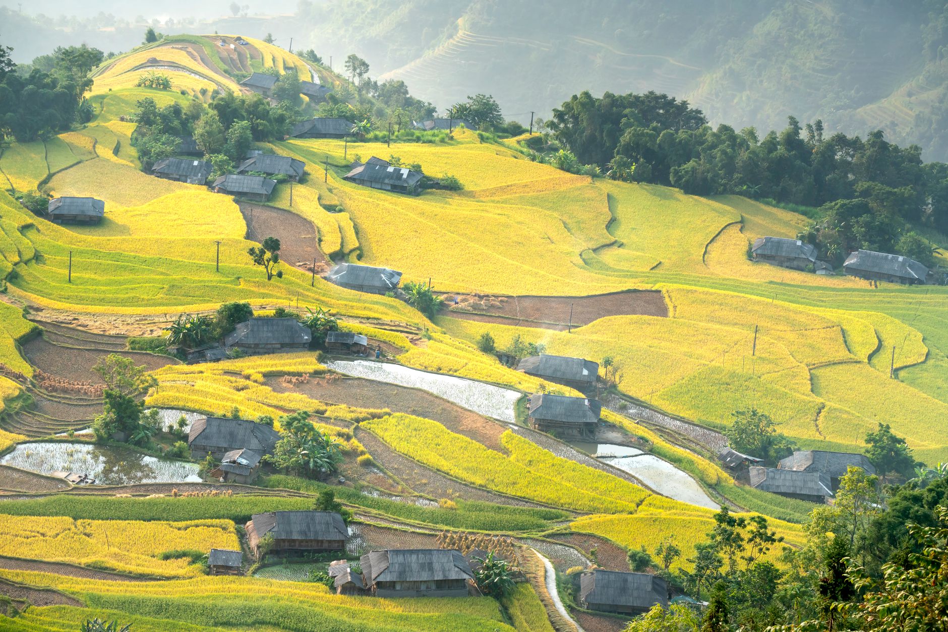 Hilly Rural Agricultural fields near rural houses on hilly valley · Free Stock Photo