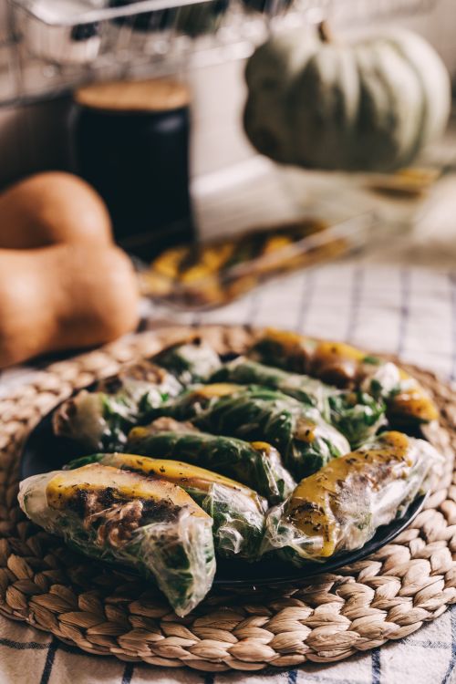 Free A close-up of vegan spring rolls with vegetables on a woven placemat, embodying a rustic and healthy lifestyle. Stock Photo