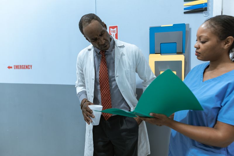 A Black male physician in a white lab coat and red tie reviews a green chart folder with a Black female nurse in blue scrubs in a hospital corridor with an EMERGENCY sign visible to the left.
