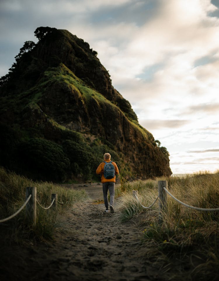 Back View Of A Person Walking Towards A Mountain