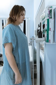 A woman in a hospital gown using a scale in a medical setting.