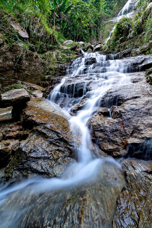 Free Long exposure fast water flowing through rocky mountain covered in green plants in daytime Stock Photo