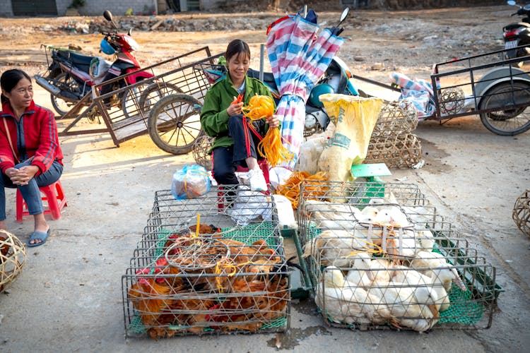 Asian Women Working On Local Market On Street