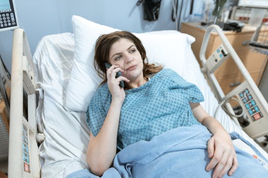 Woman in hospital bed talking on phone, representing healthcare and patient communication.