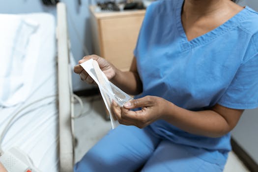 Close-up of a nurse unwrapping medical tools in a hospital setting, emphasizing care.