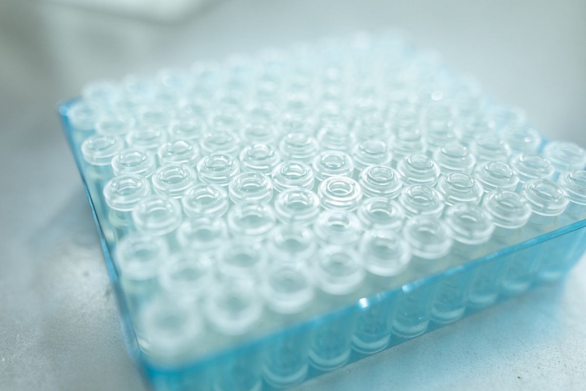 Laboratory vials and equipment on a bench