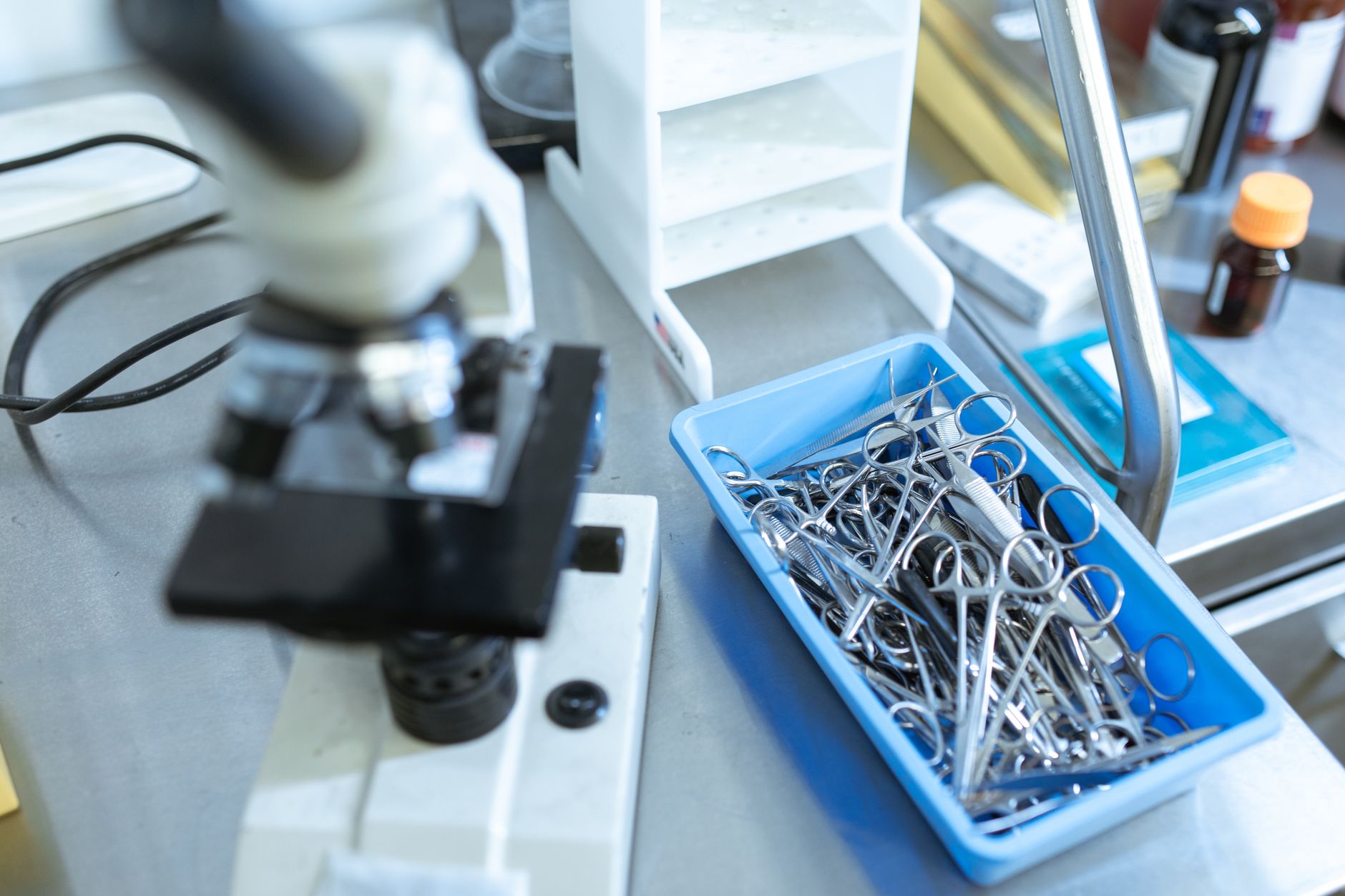 High-angle view of laboratory microscope and tray of medical tools on a lab countertop.