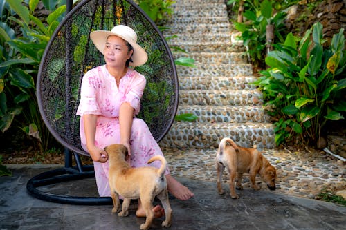 Middle aged Asian woman stroking little dog while resting on hanging swing chair and looking away on terrace in tropical place