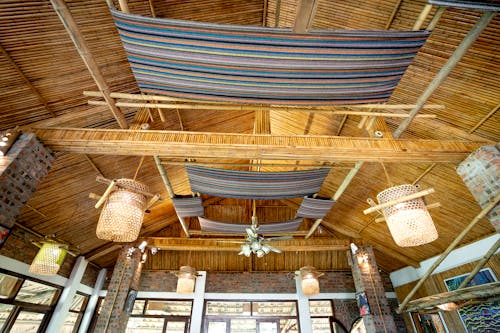 Interior of traditional cafe with wooden roof