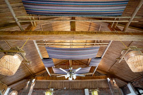 Glowing lamps on wooden roof