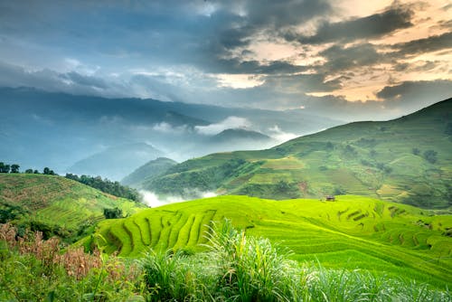 Cloudy sundown sky over rice fields in mountainous valley