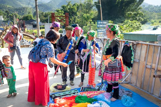 Colorful local market scene with diverse vendors showcasing ethnic garments.