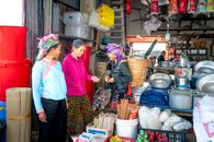Smiling Asian vendor speaking with shopper in market