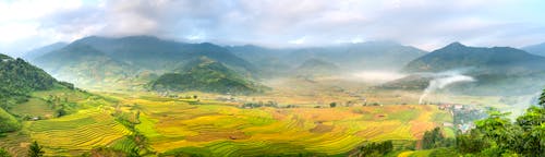 Panoramic view of agricultural plantations against majestic ridges with tropical trees and haze under cloudy sky in summer