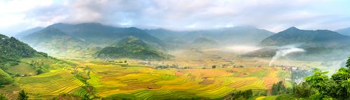 Free Panoramic view of agricultural plantations against majestic ridges with tropical trees and haze under cloudy sky in summer Stock Photo