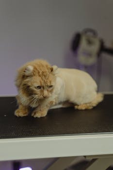 Well groomed orange tabby cat with shaved fur sitting indoors.