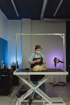 A professional groomer wearing a mask trims a cat in a modern salon with purple and blue lighting.