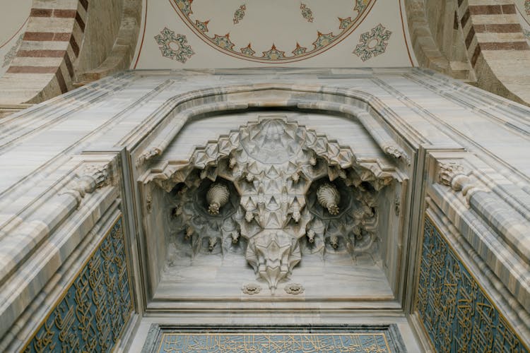 Stone Arch And Dome In Oriental Ancient Mosque Decorated With Ornaments