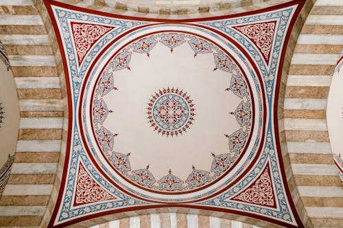 From below of oriental colorful ornate on dome in ancient Muslim mosque in Turkey