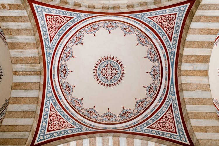 Ornamental Ceiling With Colorful Oriental Mural In Mosque