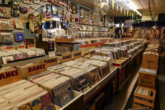 An inviting vintage vinyl record store filled with classic music albums and retro decor, perfect for music lovers.