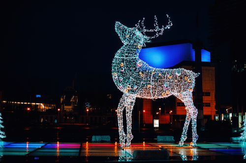 Free A stunning illuminated deer sculpture shines brightly in a vibrant nighttime city scene, reflecting on wet pavement. Stock Photo