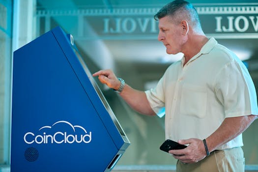 A man interacts with a cryptocurrency ATM, showcasing technology and finance innovation.