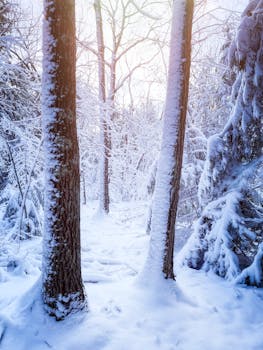 Many trees in ice and snow in forest in cold weather in bright daylight