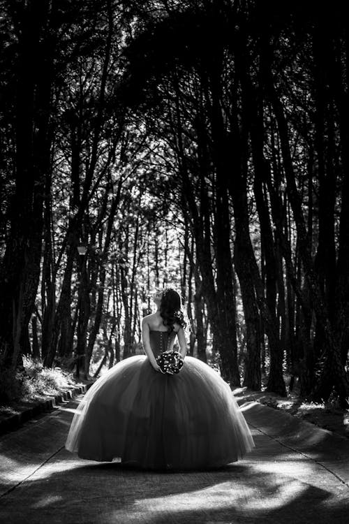 A Grayscale Photo of Woman Wearing a Ball Gown