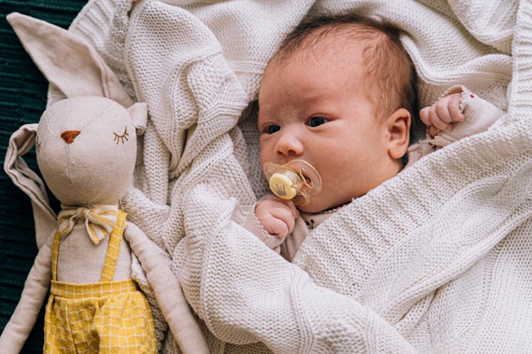 A Baby With A Pacifier Lying Beside A Stuffed Toy 