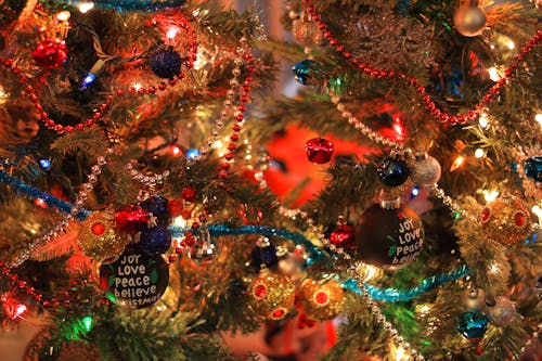 Free Colorful Christmas Decors on a Tree Stock Photo
