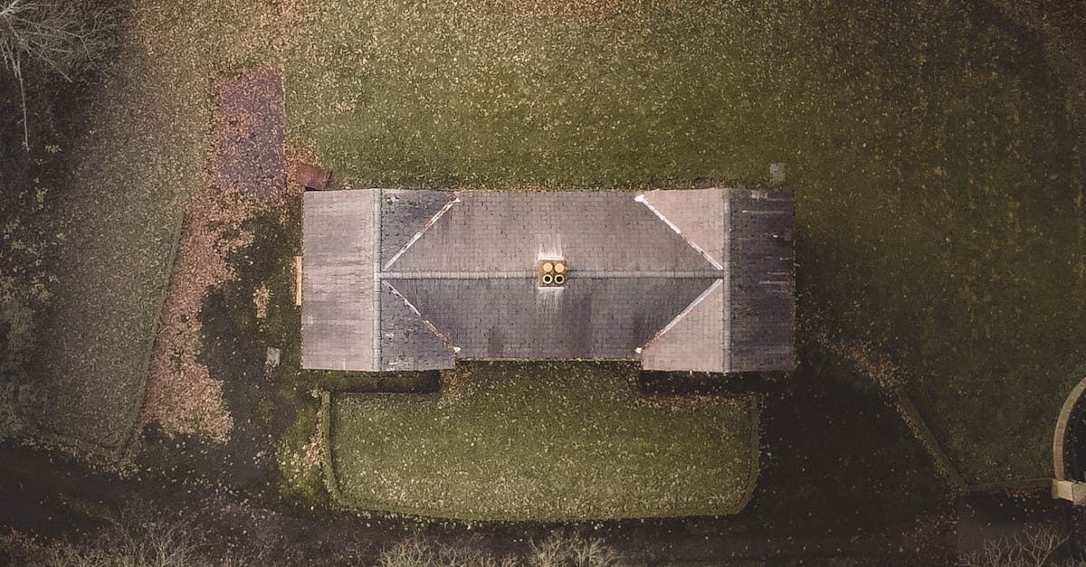 Top-down drone view showing a house amidst green surroundings, highlighting its roof and nearby trees.