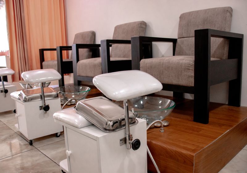 Salon styling station with mirrors and natural light