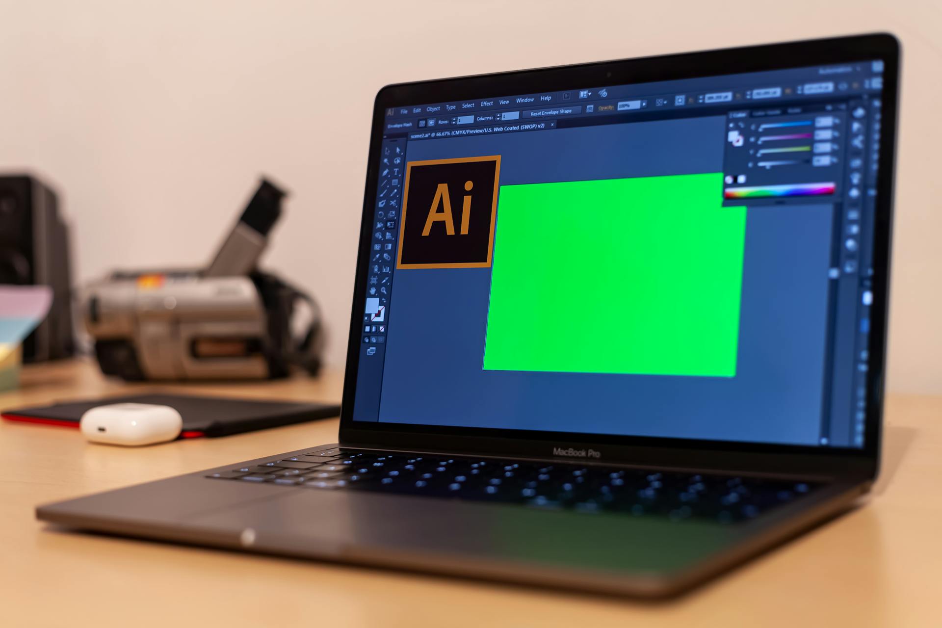 Close-up of a MacBook Pro with Adobe Illustrator open on a desk, showcasing creative workspace essentials.