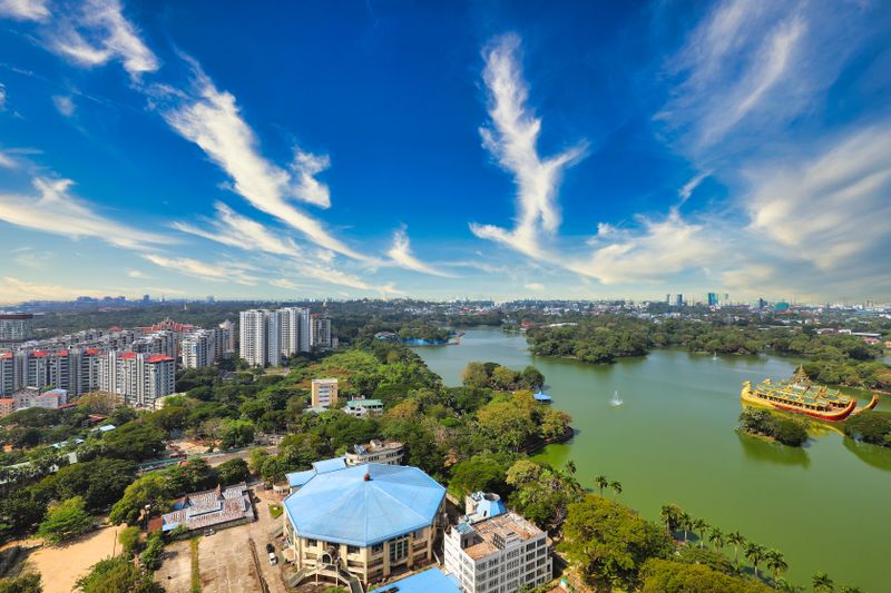 Aerial view of Kandawgyi Lake and the Karaweik barge in Yangon