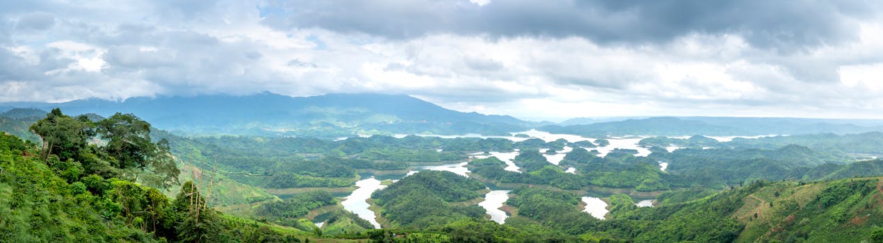 A breathtaking panoramic view of verdant hills with winding waterways under cloudy skies.