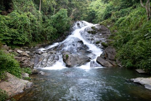 Free Fast water falling from rocky boulders into rippling river between forest with lush green trees in nature on summer day Stock Photo