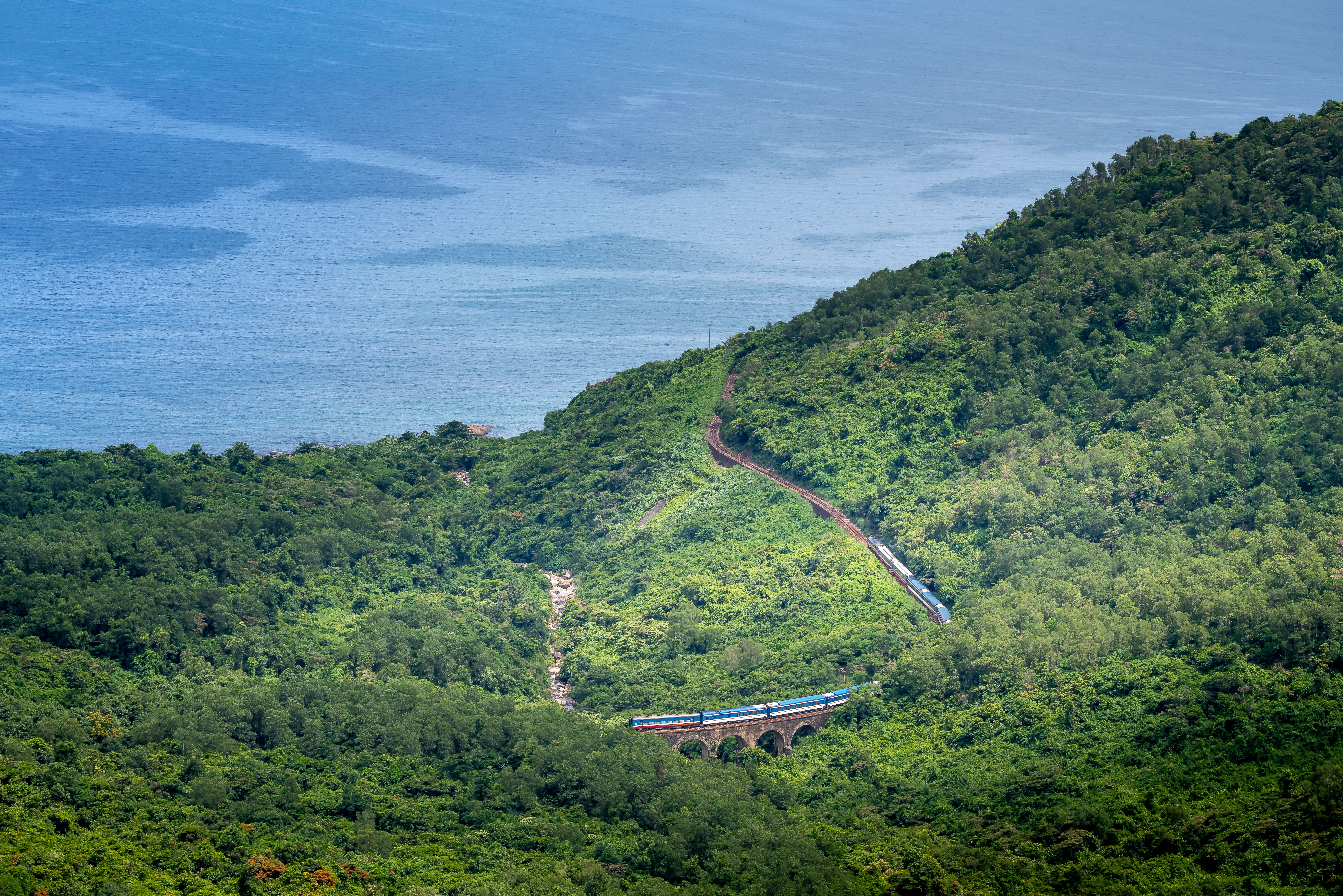 Train riding on bridge through green forested hills · Free Stock Photo