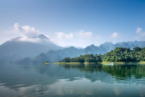 Calm lake surrounded by lush plants and hills