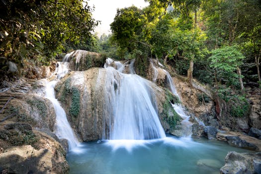 A stunning waterfall in a lush forest, showcasing nature's beauty and serene tranquility.