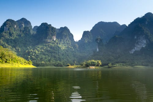 Picturesque view of majestic mounts with green trees against river under blue sky on sunny day