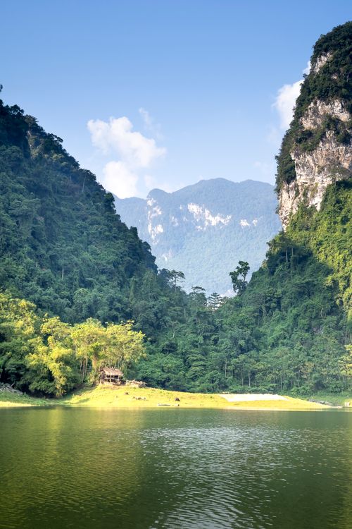 Free Spectacular view of high mountains with lush trees against rippled lake under blue sky in sunlight Stock Photo