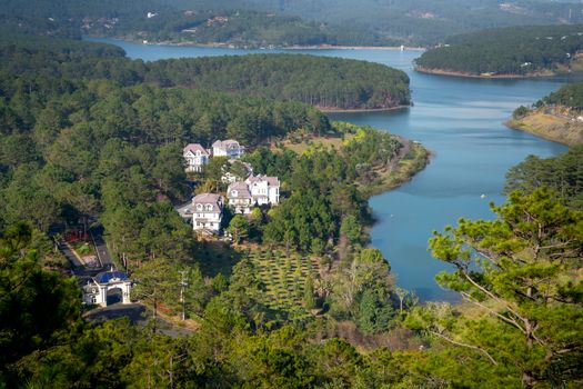 Drone view of residential building exteriors on land among green trees growing against river in sunlight