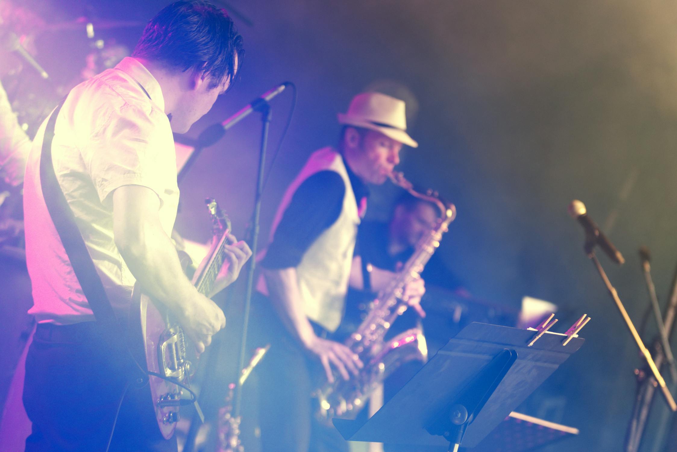 live jazz band playing at night at rooftop wedding reception