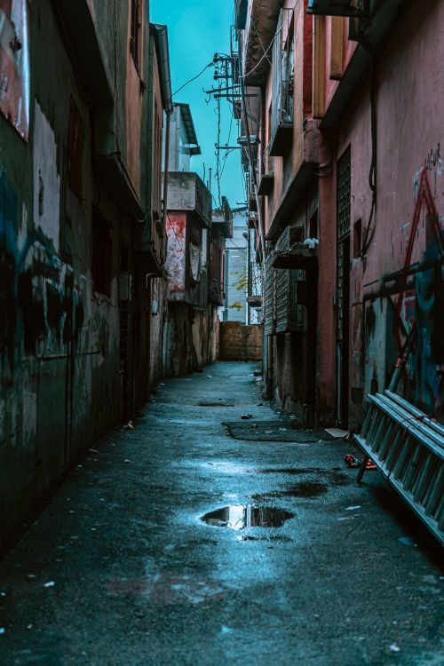 Free A wet, narrow alleyway in Gaziantep, Turkey, captured after a rain. The urban setting features graffiti and a cool atmosphere. Stock Photo