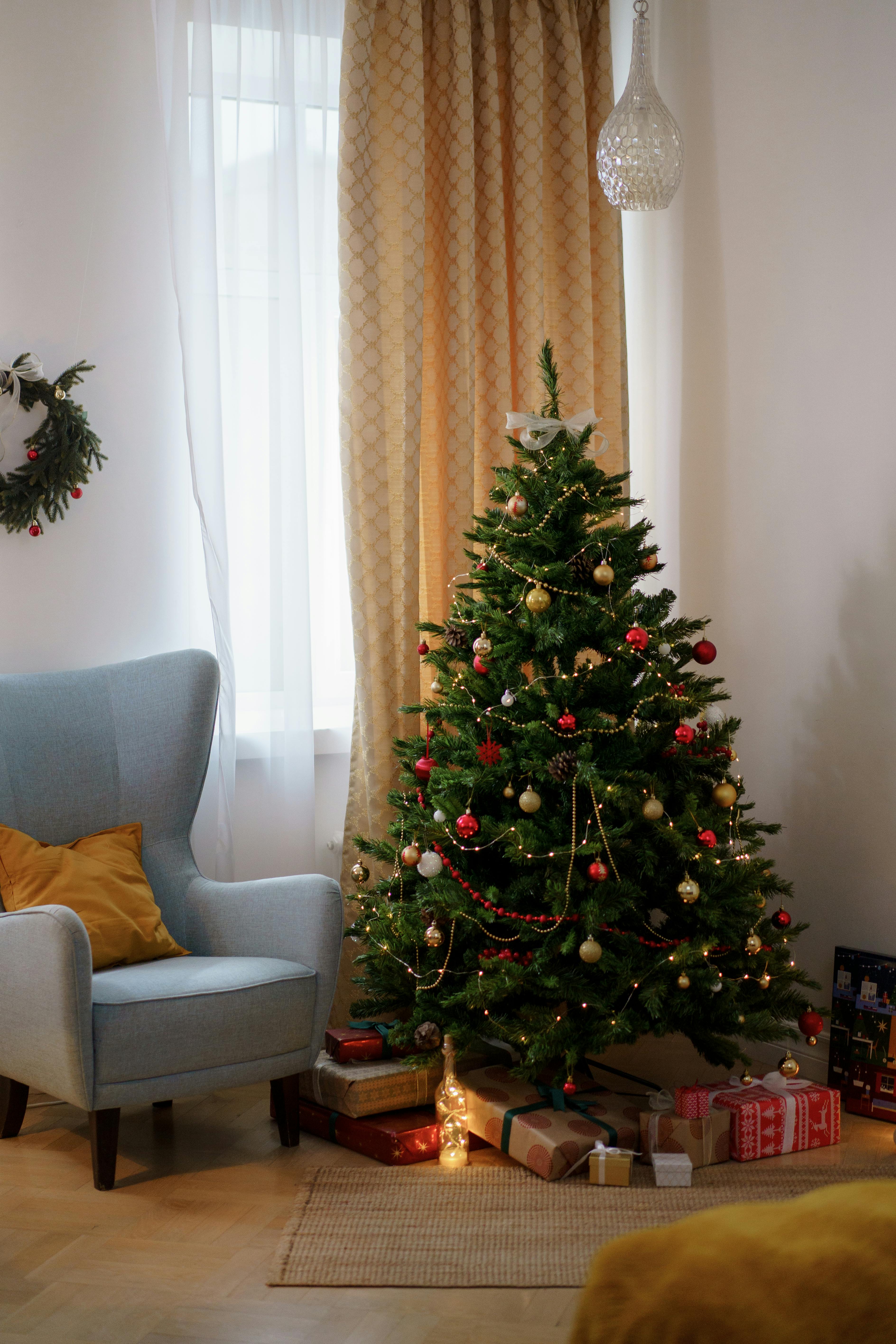 green christmas tree with baubles