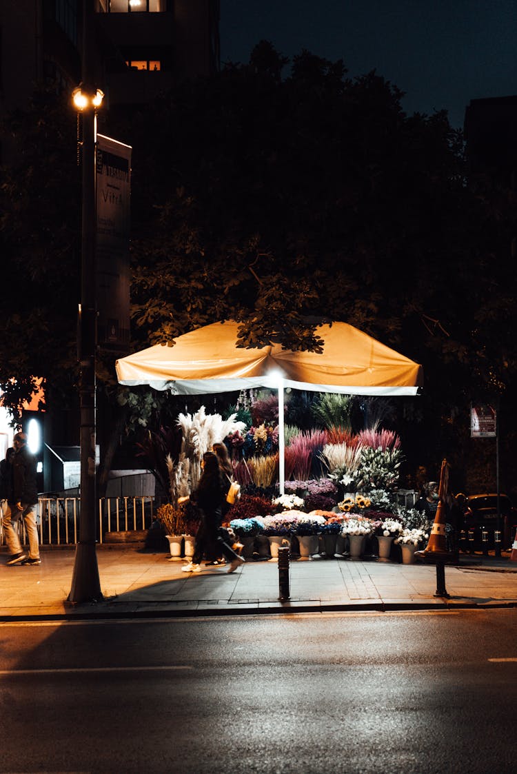 Flower Shop On City Street At Night